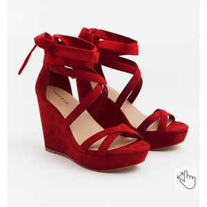 RED FAUX SUEDE ANKLE WRAP WEDGE (WW)